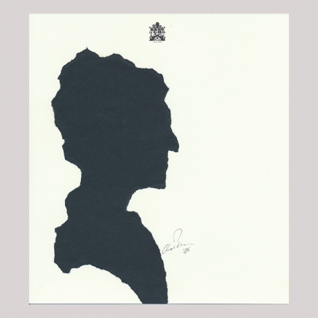 
        Front of silhouette, with woman looking right, at the top an emblem.
